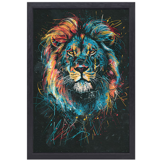 Abstract kleurenportret van een leeuw canvas met baklijst