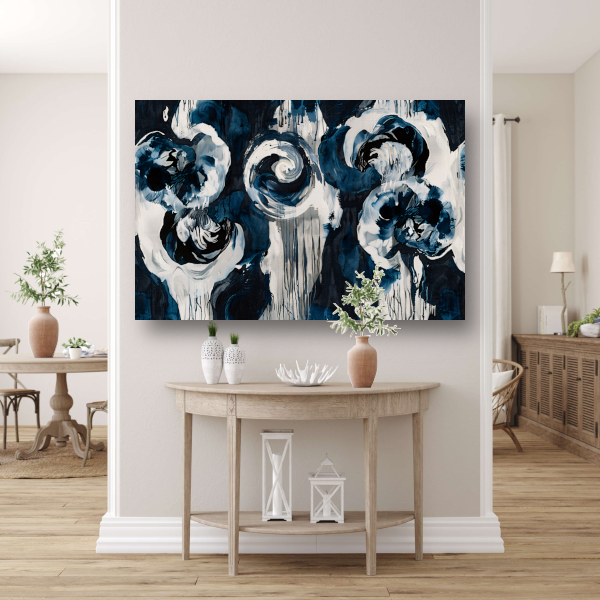 Klassieke blauwe bloemen op behang canvas met baklijst