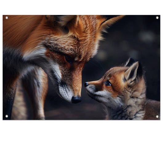 Vos met welp in intiem moment tuinposter