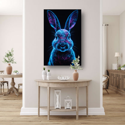 Neon verlicht konijn in digitale kunst canvas met baklijst