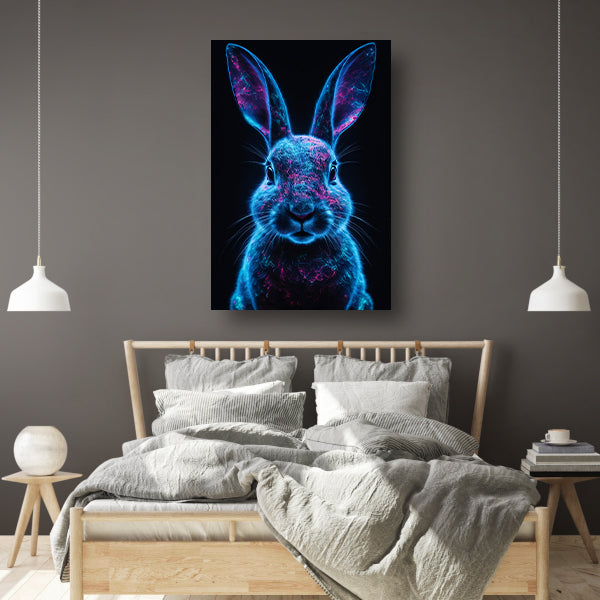 Neon verlicht konijn in digitale kunst canvas met baklijst