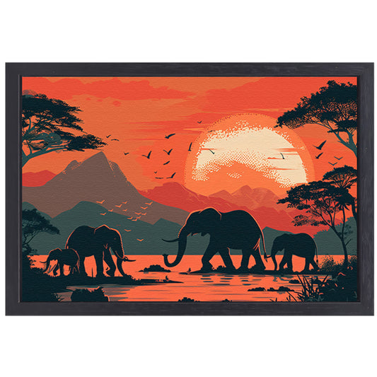 Olifanten bij zonsondergang canvas met baklijst