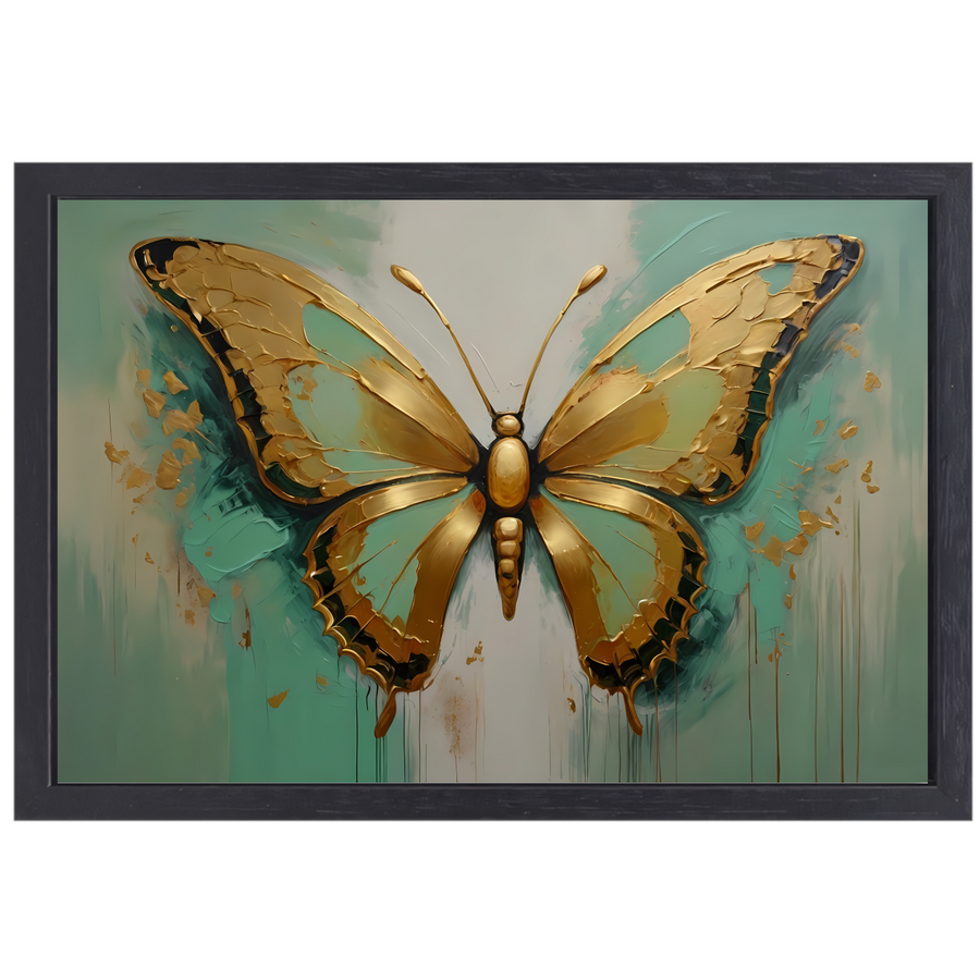 Gouden vlinder op lichtgroene olieverfachtergrond canvas met baklijst