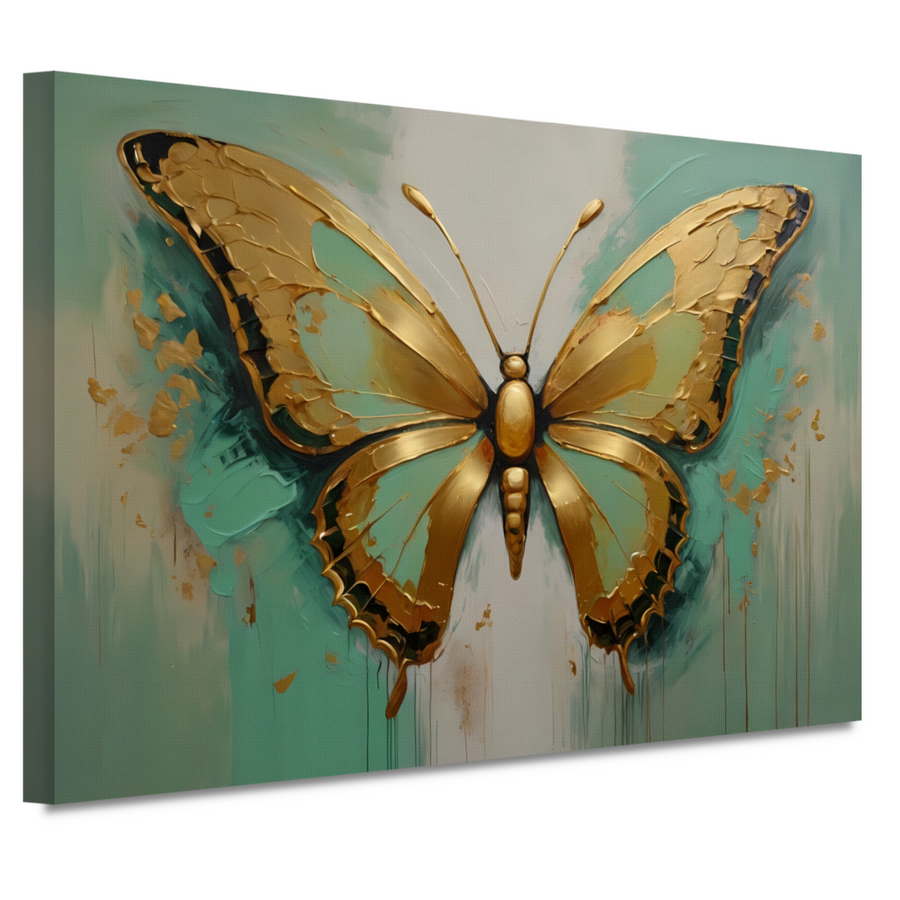Gouden vlinder op lichtgroene olieverfachtergrond canvas