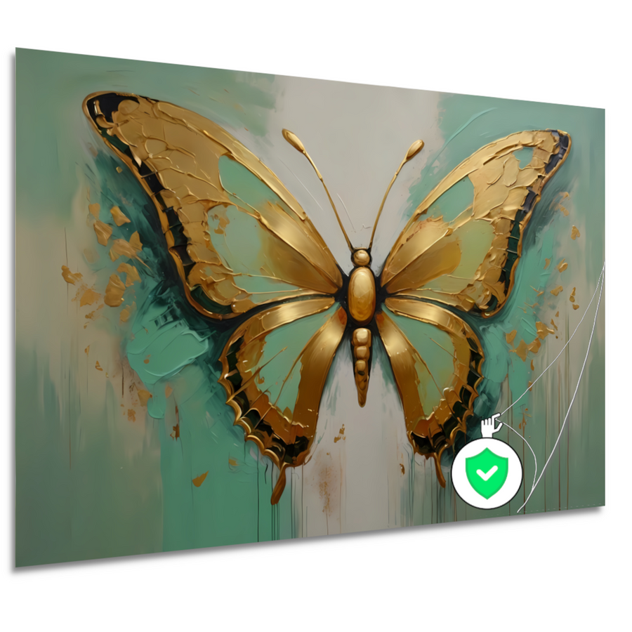 Gouden vlinder op lichtgroene olieverfachtergrond poster