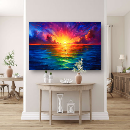 Kleurrijke zonsondergang boven kalme zee canvas