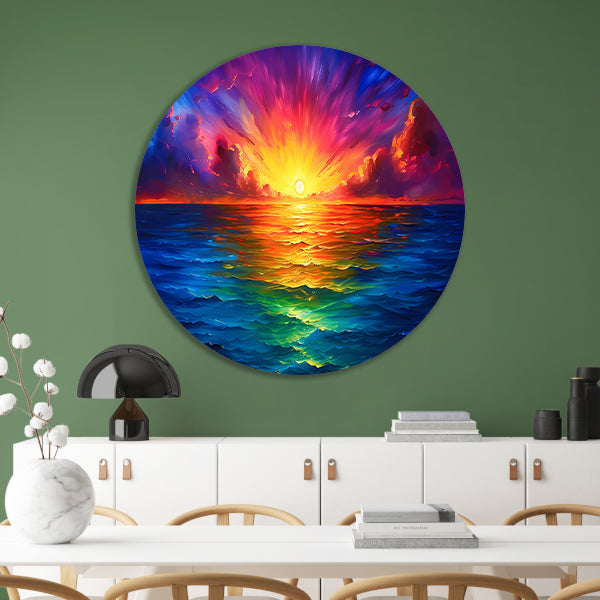 Kleurrijke zonsondergang boven kalme zee aluminium muurcirkel