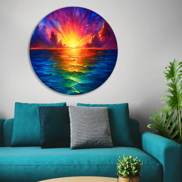 Kleurrijke zonsondergang boven kalme zee aluminium muurcirkel