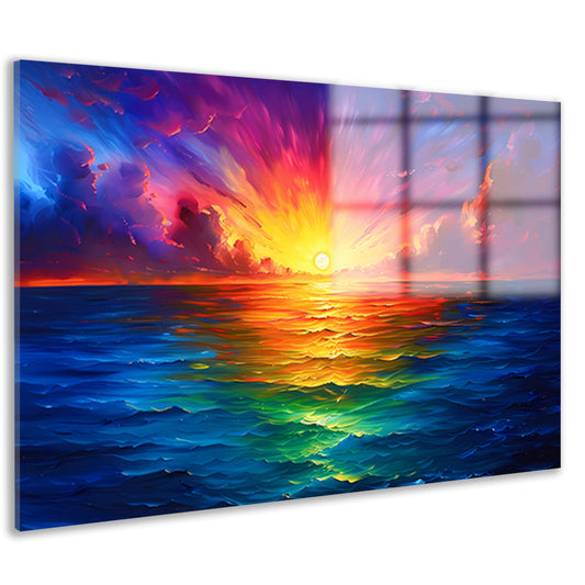 Kleurrijke zonsondergang boven kalme zee acrylglas