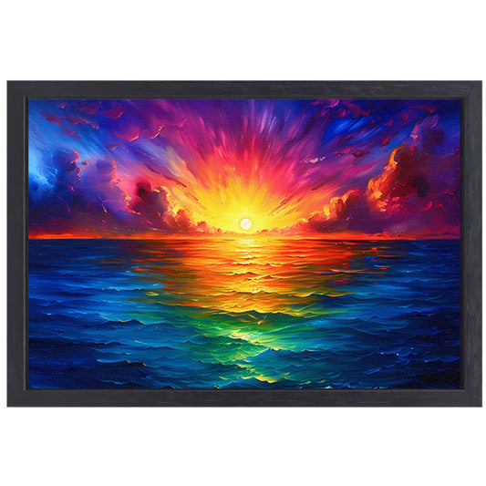 Kleurrijke zonsondergang boven kalme zee canvas met baklijst