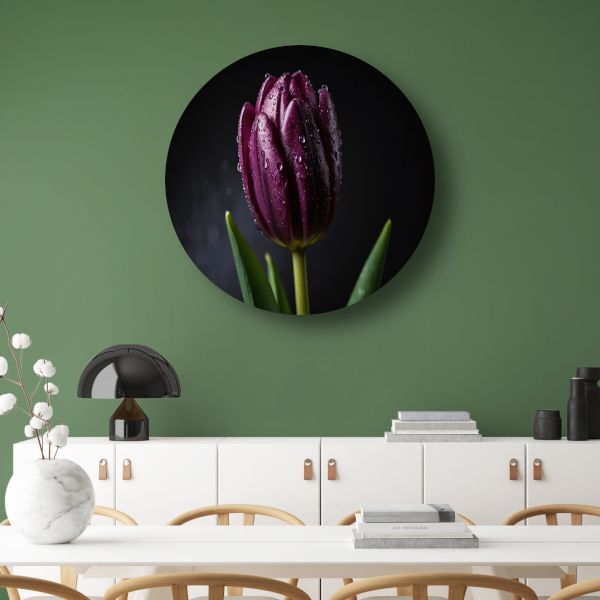 Paarse Tulp in Ochtenddauw Close-up aluminium muurcirkel