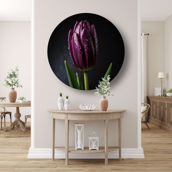Paarse Tulp in Ochtenddauw Close-up aluminium muurcirkel