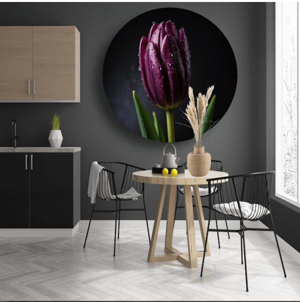 Paarse Tulp in Ochtenddauw Close-up aluminium muurcirkel