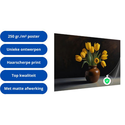 Zonsondergang over bloemenveld en meer poster