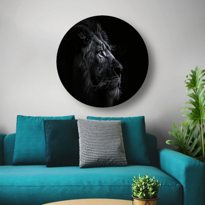 Koninklijke leeuw in zwart-wit portret aluminium muurcirkel