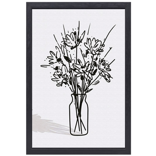 Eenvoudige bloemen in vaas lijntekening canvas met baklijst