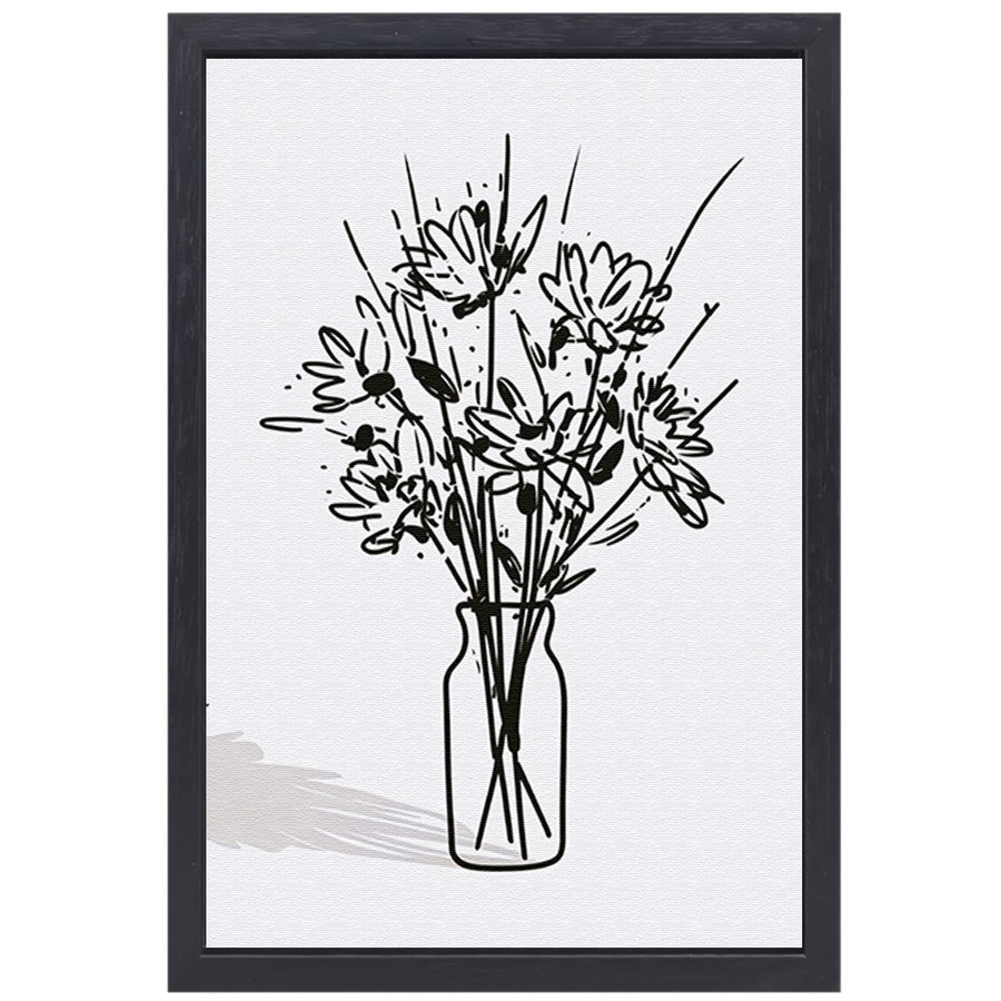 Eenvoudige bloemen in vaas lijntekening canvas met baklijst