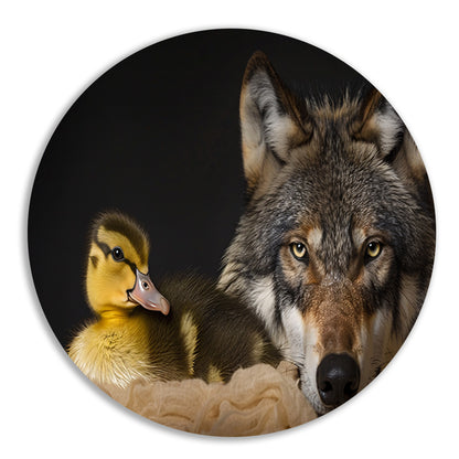 Wolf en eendling: onwaarschijnlijke ontmoeting aluminium muurcirkel