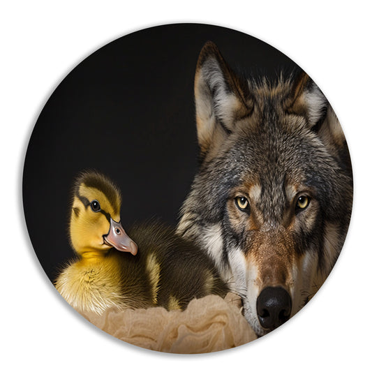 Wolf en eendling: onwaarschijnlijke ontmoeting aluminium muurcirkel