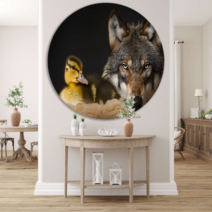 Wolf en eendling: onwaarschijnlijke ontmoeting aluminium muurcirkel