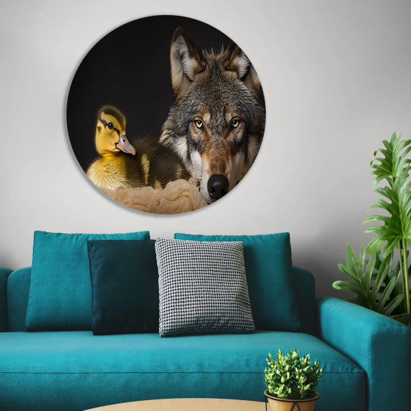 Wolf en eendling: onwaarschijnlijke ontmoeting aluminium muurcirkel