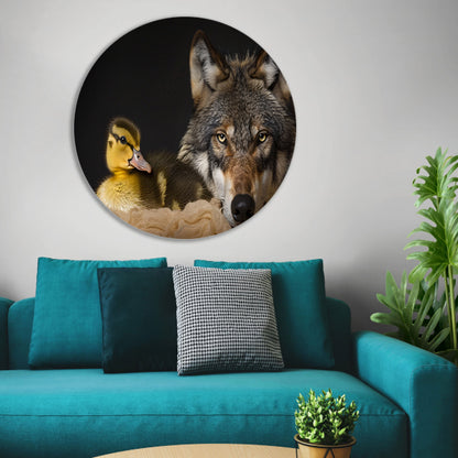 Wolf en eendling: onwaarschijnlijke ontmoeting aluminium muurcirkel