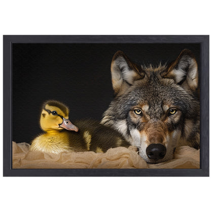 Wolf en eendling: onwaarschijnlijke ontmoeting canvas met baklijst