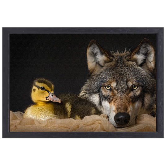 Wolf en eendling: onwaarschijnlijke ontmoeting canvas met baklijst