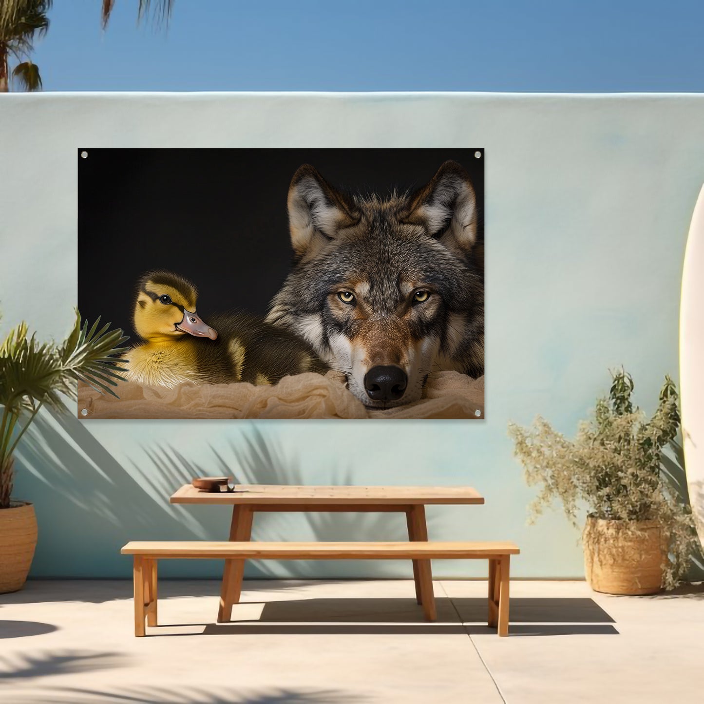 Wolf en eendling: onwaarschijnlijke ontmoeting tuinposter
