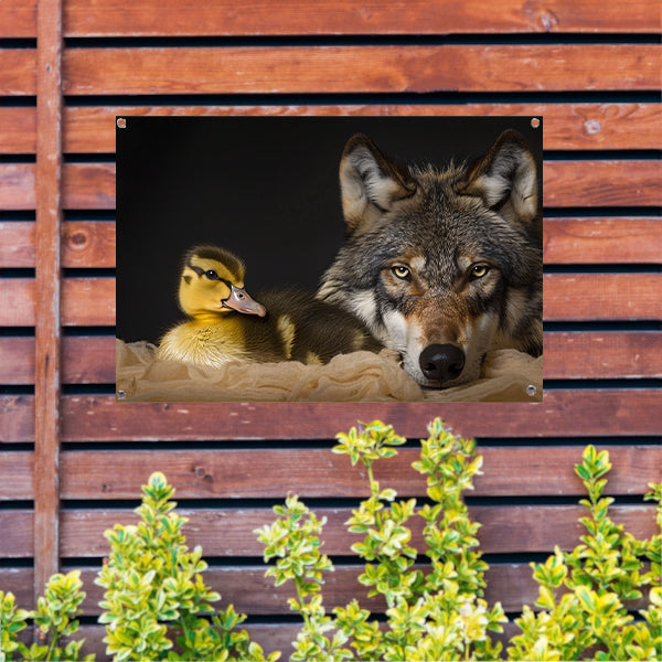 Wolf en eendling: onwaarschijnlijke ontmoeting tuinposter