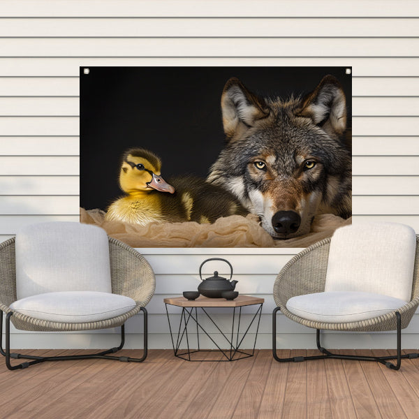 Wolf en eendling: onwaarschijnlijke ontmoeting tuinposter
