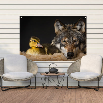 Wolf en eendling: onwaarschijnlijke ontmoeting tuinposter