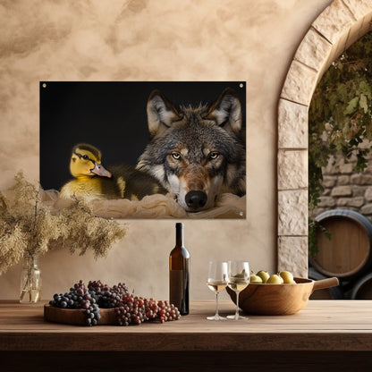 Wolf en eendling: onwaarschijnlijke ontmoeting tuinposter