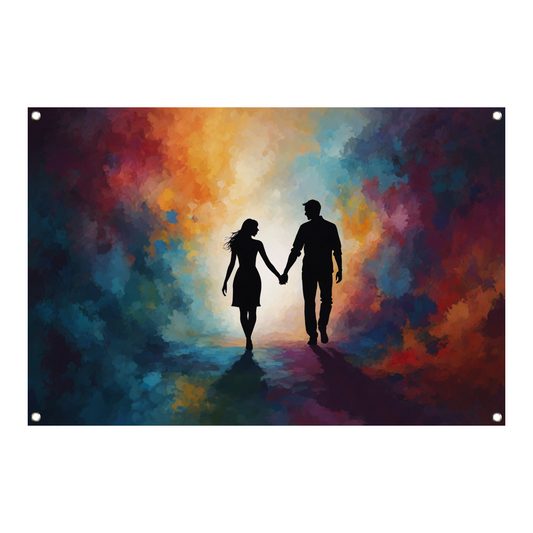 Hand in Hand: Silhouet tegen Kleurenpracht tuinposter