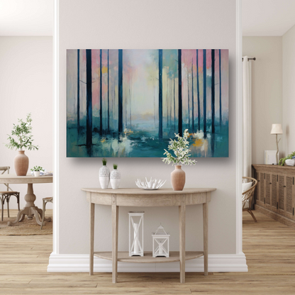 Schemerlicht Door Bomen in Bos poster