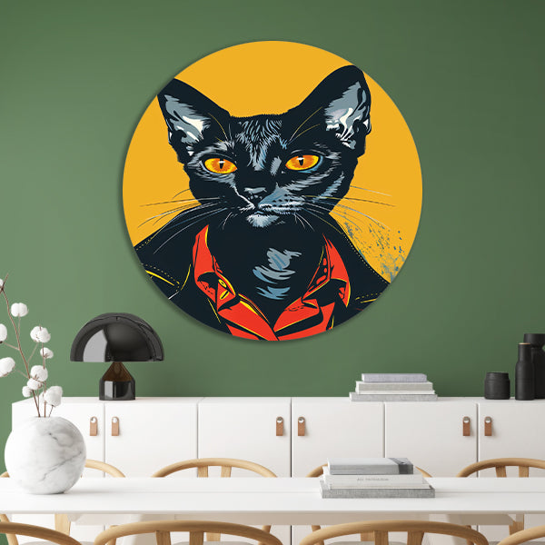 Zwarte Kat met Leren Jas Pop Art aluminium muurcirkel