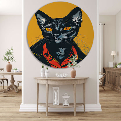 Zwarte Kat met Leren Jas Pop Art aluminium muurcirkel