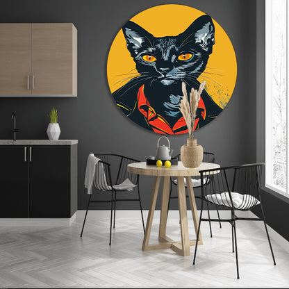 Zwarte Kat met Leren Jas Pop Art aluminium muurcirkel