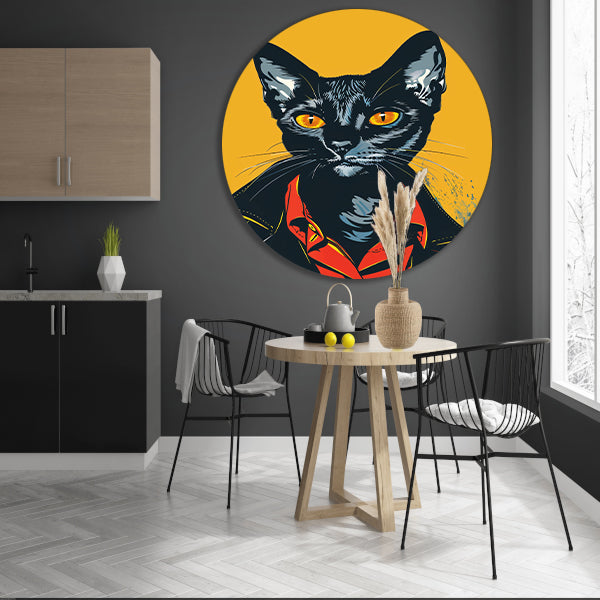 Zwarte Kat met Leren Jas Pop Art forex muurcirkel