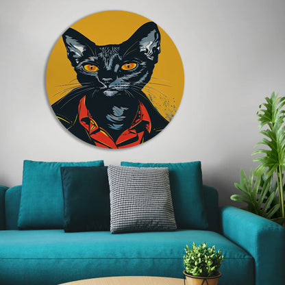 Zwarte Kat met Leren Jas Pop Art aluminium muurcirkel