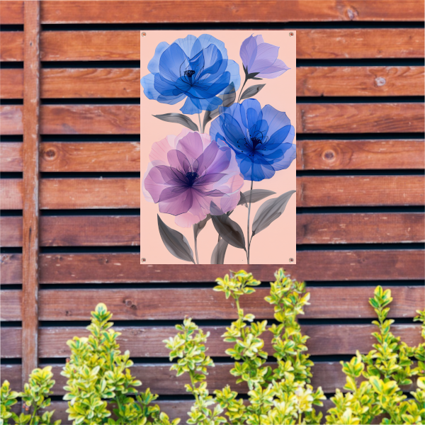 Kleurrijk abstract bloemen schilderij in blauw en paars tuinposter