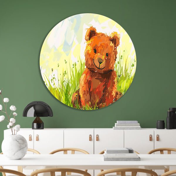 Schattige beer in zomers landschap   aluminium muurcirkel