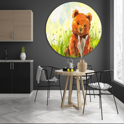 Schattige beer in zomers landschap   aluminium muurcirkel