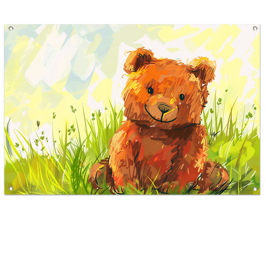 Schattige beer in zomers landschap   tuinposter