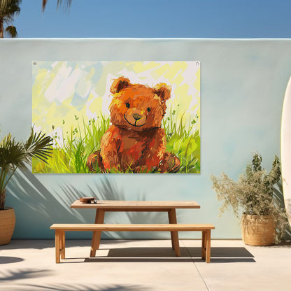 Schattige beer in zomers landschap   tuinposter