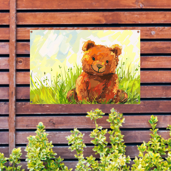 Schattige beer in zomers landschap   tuinposter