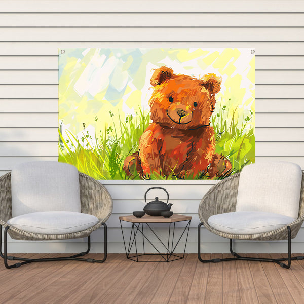 Schattige beer in zomers landschap   tuinposter