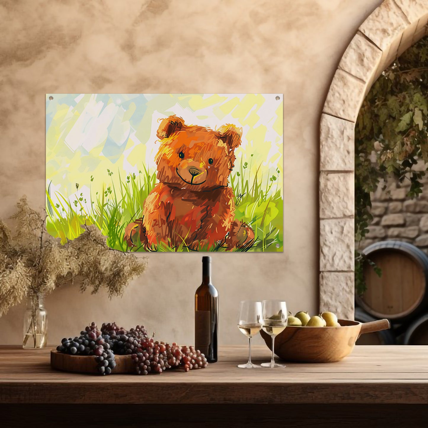 Schattige beer in zomers landschap   tuinposter