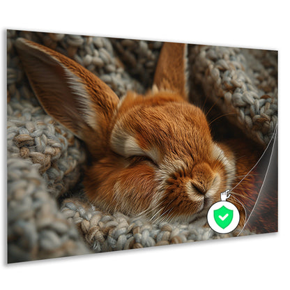 Slapend konijn in warme gebreide deken poster