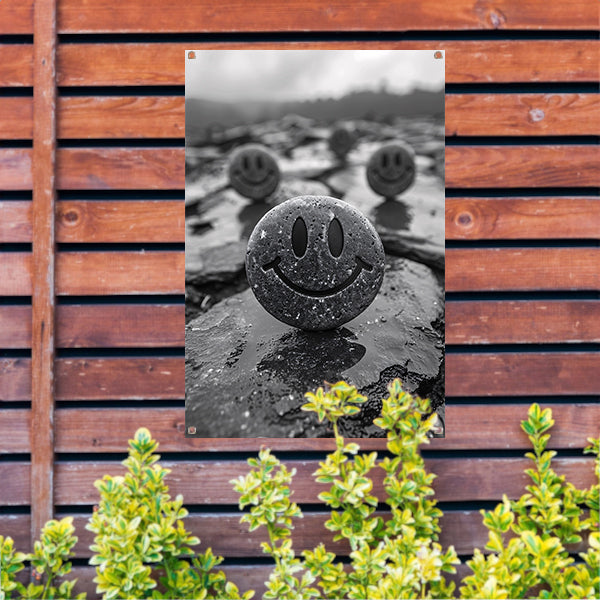 Drie Glimlachende Stenen op een Grijze Dag tuinposter